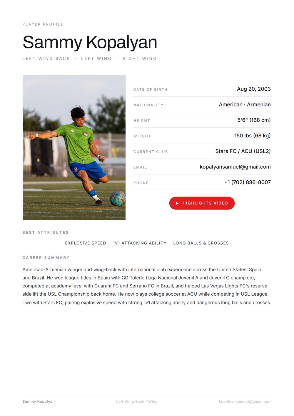 Samuel Kopalyan — Player CV