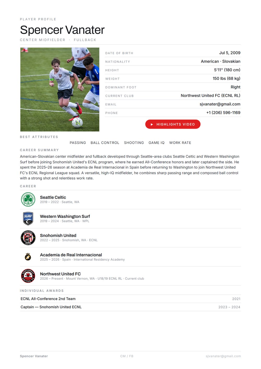 Spencer Vanater — Player CV